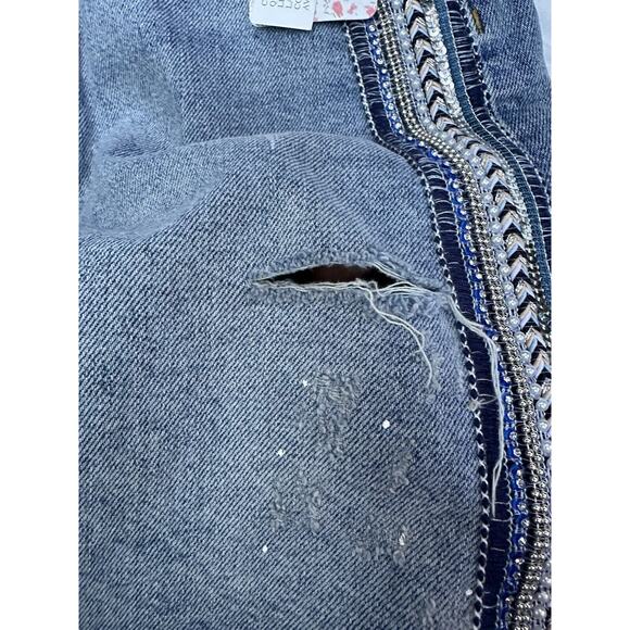 Free People Side Stripe Embellished Beaded Denim Jean Mini Skirt Distressed 8 - Picture 5 of 11